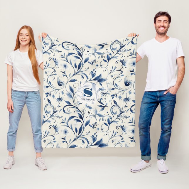 Elegant Blue Paisley Lövs - Vit bakgrund (2) Fleecefilt (På plats)
