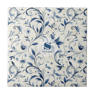 Elegant Blue Paisley Lövs - Vit bakgrund (2) Kakelplatta