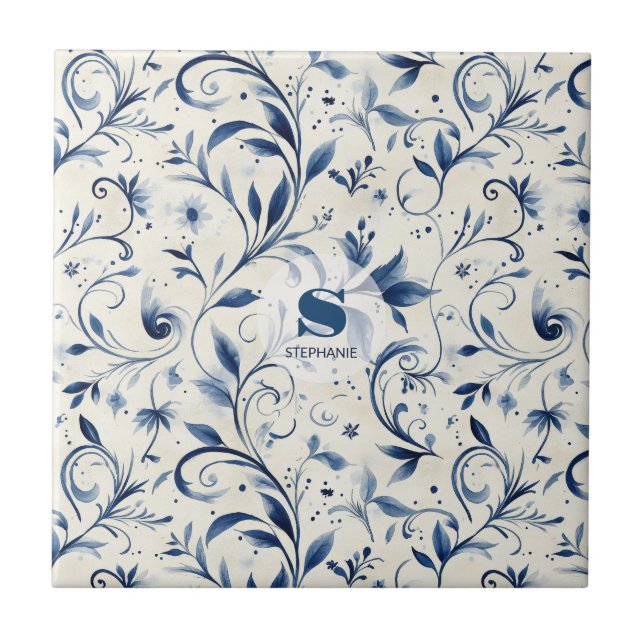Elegant Blue Paisley Lövs - Vit bakgrund (2) Kakelplatta (Framsidan)