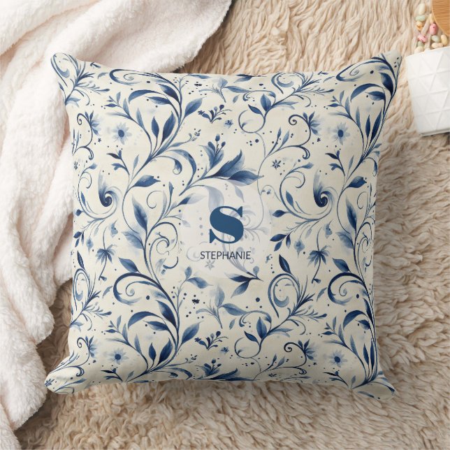 Elegant Blue Paisley Lövs - Vit bakgrund (2) Kudde (Filt)