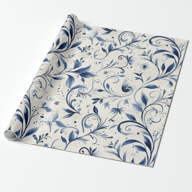 Elegant Blue Paisley Lövs - Vit bakgrund (2) Presentpapper (Utrullad)