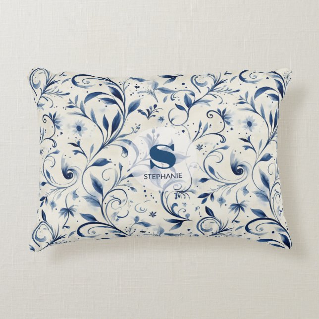 Elegant Blue Paisley Lövs - Vit bakgrund (2) Prydnadskudde (Framsidan)