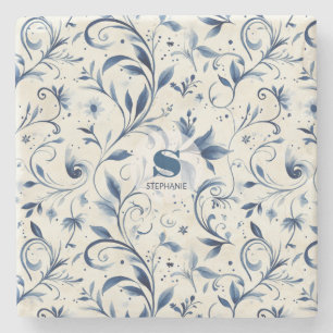 Elegant Blue Paisley Lövs - Vit bakgrund (2) Stenunderlägg