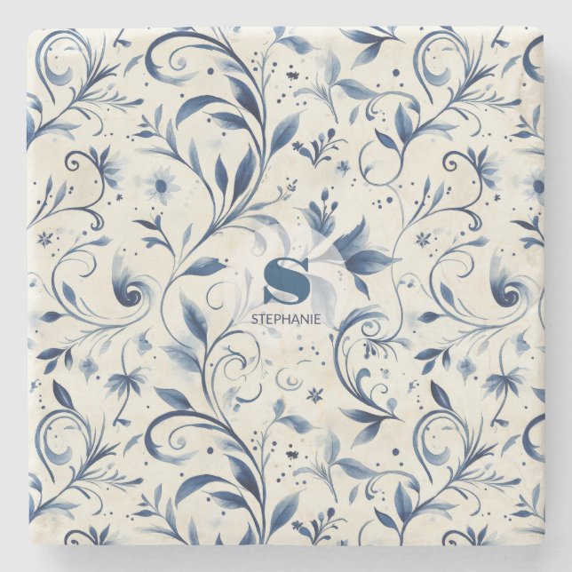 Elegant Blue Paisley Lövs - Vit bakgrund (2) Stenunderlägg (Framsidan)