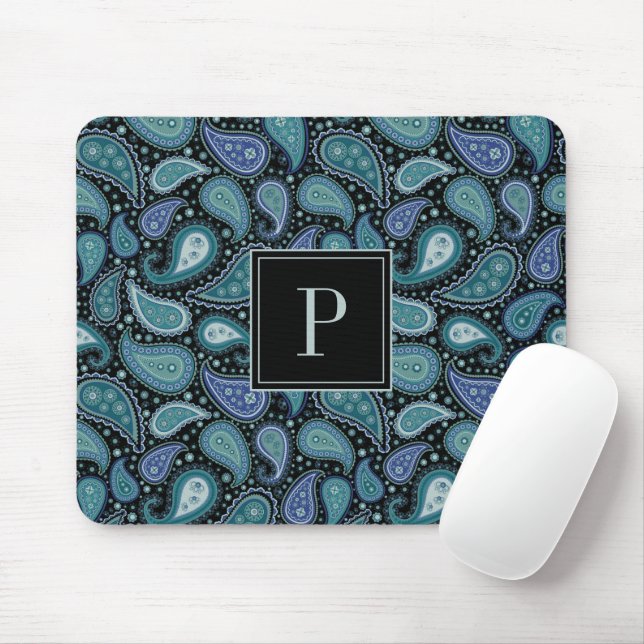 Elegant Blue Paisley Mönster Monogram Musmatta (Med mus)