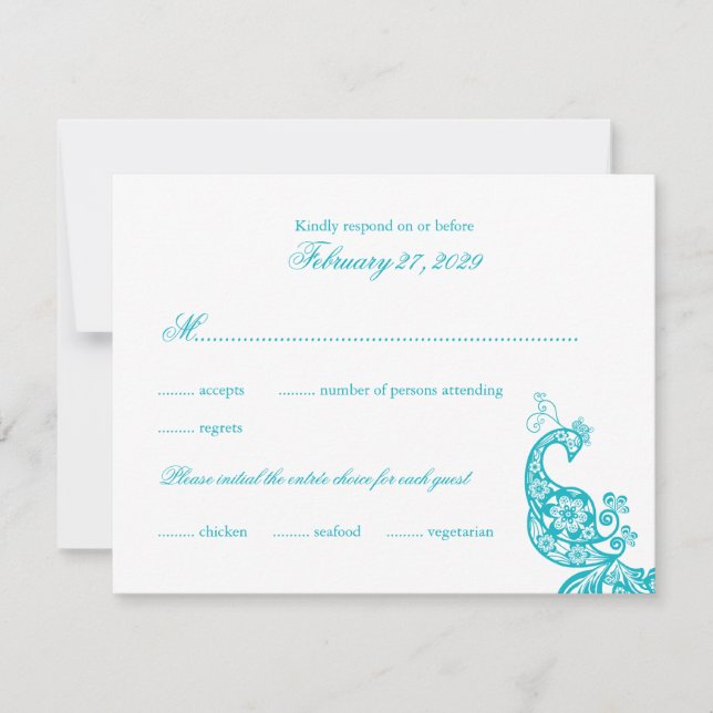 Elegant Blue Paisley Peacock Bröllop OSA Card Kort (Framsida)