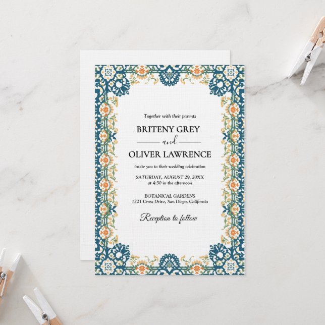 Elegant Blue Papel Picado weeding Inbjudningar (Fram/Back In Situ)