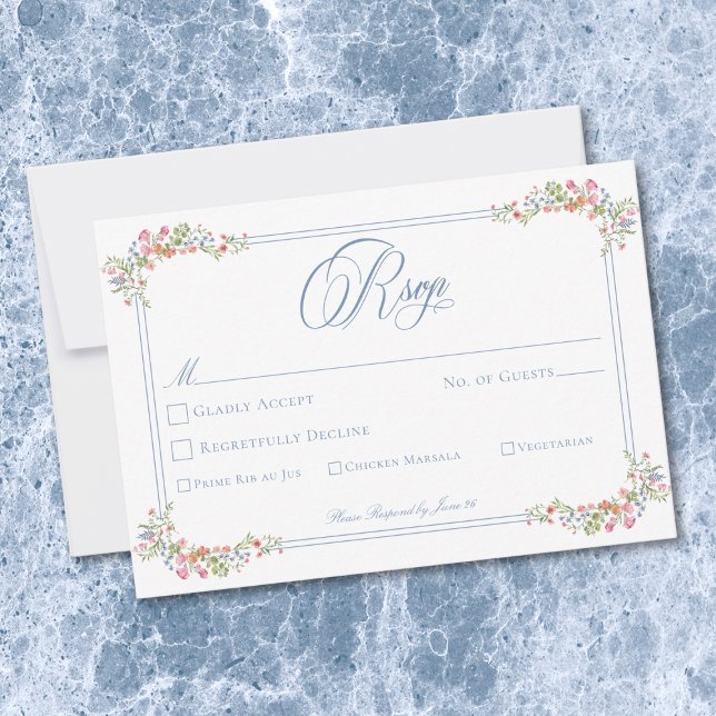 Elegant Blue Pastel Wildflower Border Wedding OSA Kort (Elegant Blue Pastel Wildflower Border Wedding RSVP Card)