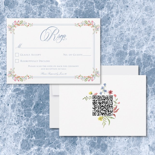 Elegant Blue Pastel Wildflower Border Wedding OSA Kort (Elegant Blue Pastel Wildflower Border Wedding RSVP Card)