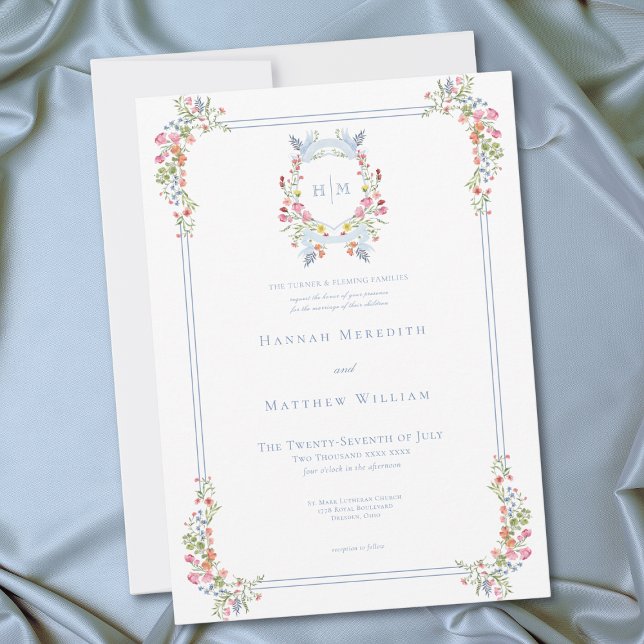Elegant Blue Pastel Wildflower Regal Crest Wedding Inbjudningar (Elegant Blue Pastel Wildflower Regal Crest Wedding Invitation)