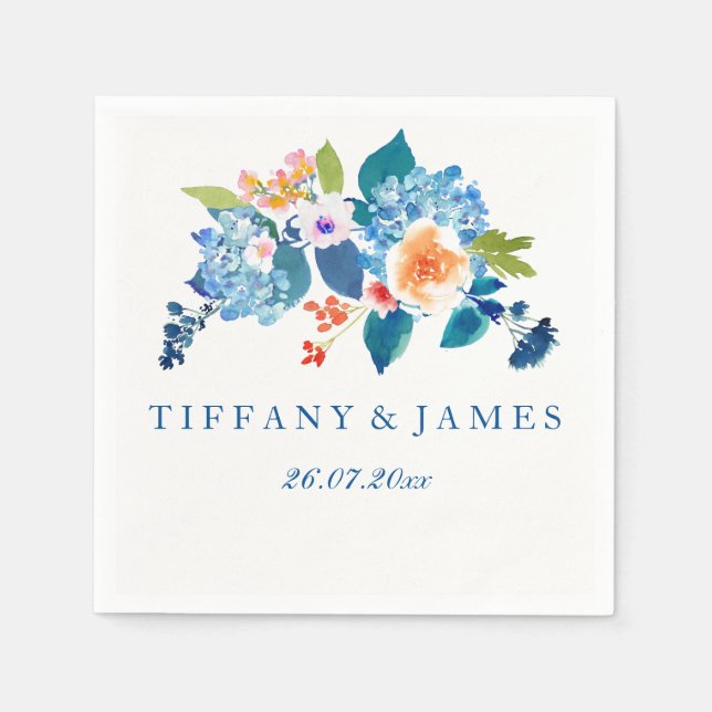 Elegant Blue & Peach Blommigt Bröllop Napkin Pappersservett (Framsidan)