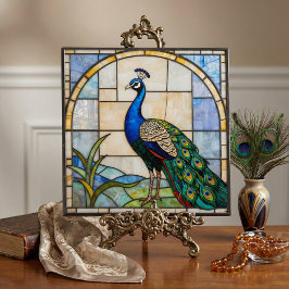 Elegant Blue Peacock Faux Stained Glass Mosaic Art Kakelplatta