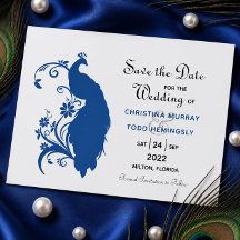 Elegant Blue Peacock Flat Save The Date Card
