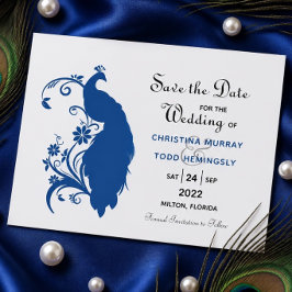 Elegant Blue Peacock Flat Save The Date Card Spara Datumet