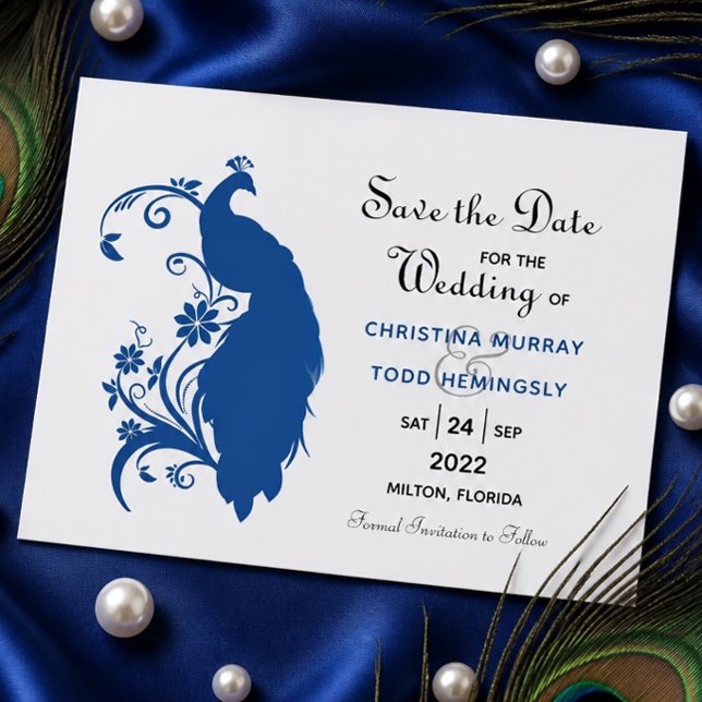 Elegant Blue Peacock Flat Save The Date Card Spara Datumet (Skapare uppladdad)