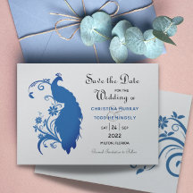 Elegant Blue Peacock Flat Save The Date Card