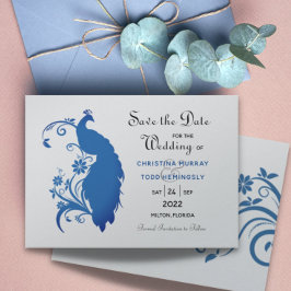Elegant Blue Peacock Flat Save The Date Card Spara Datumet