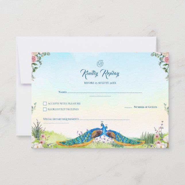 Elegant Blue Peacock Floral Indian Wedding Theme OSA Kort (Framsida)