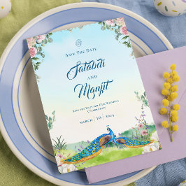Elegant Blue Peacock Floral Wedding Theme    Spara Datumet