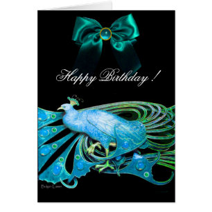 ELEGANT BLUE PEACOCK,GEM STONES OCH BOW Birthday Hälsningskort