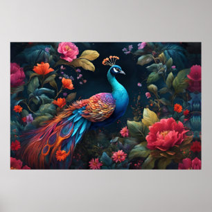 Elegant Blue Peacock i Colorful Garden Poster