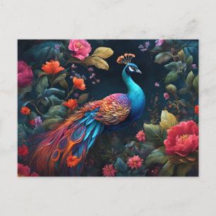 Elegant Blue Peacock i Colorful Garden Vykort
