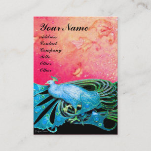 ELEGANT BLUE PEACOCK IN ROSA BLOMMIGT SPARKLES VISITKORT
