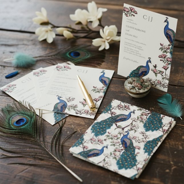 Elegant Blue Peacock och Magnolia Flowers Bröllop Inbjudningar (Elegant Floral Peacock Wedding Invitations in Ivory. Chic Pattern of Peafowl Birds & Magnolia Flower)