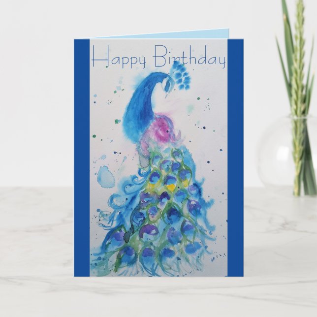 Elegant Blue Peacock Watercolor Birthday Card Kort (Framsida)