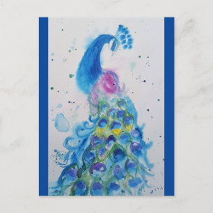 Elegant Blue Peacock Watercolor Painting Vykort