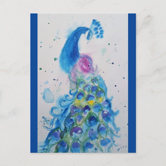 Elegant Blue Peacock Watercolor Painting Vykort (Framsida)