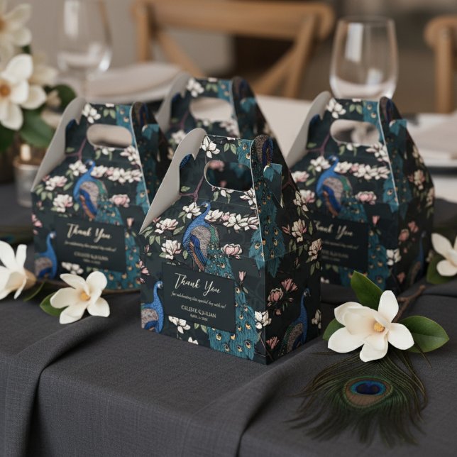 Elegant Blue Peacocks and Flowers Black Presentaskar (Chic Floral Peacock Pattern Thank You Wedding Black Favor Boxes. Elegant Teal Peacock & Flowers)