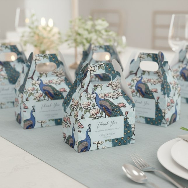 Elegant Blue Peacocks and Flowers Blue Presentaskar (Chic Floral Peacock Pattern Thank You Wedding Light Blue Favor Boxes. Elegant Teal Peacock & Flowers)