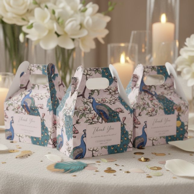 Elegant Blue Peacocks and Flowers Blush Pink Presentaskar (Chic Floral Peacock Pattern Thank You Wedding Blush Pink Favor Boxes. Elegant Teal Peacock & Flowers)