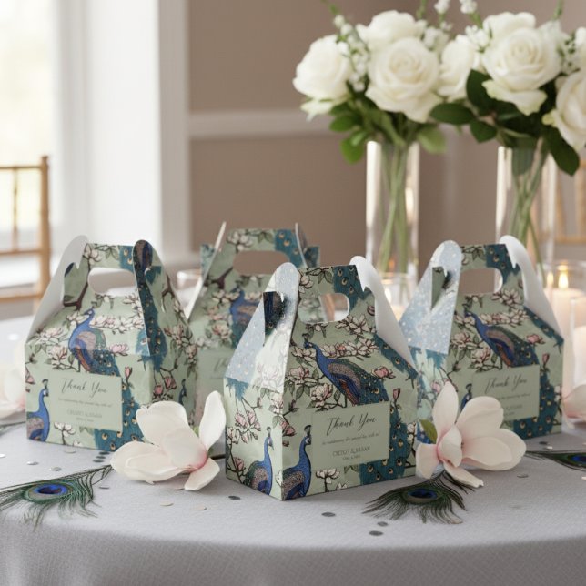Elegant Blue Peacocks and Flowers Sage Grönt Presentaskar (Elegant Floral Peacock & Magnolia Flowers Wedding Thank You Favor Boxes. Chic Blue & Teal Peacock)