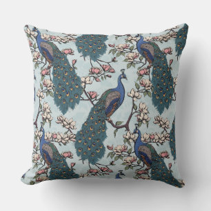 Elegant Blue Peacocks, Magnolia Flowers, Grenar Kudde