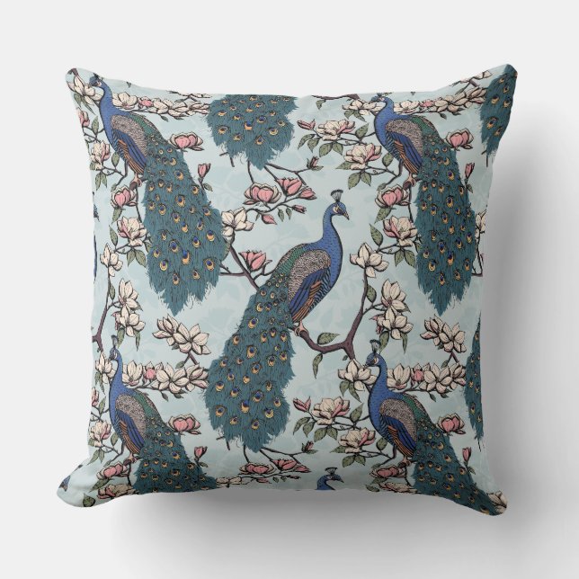 Elegant Blue Peacocks, Magnolia Flowers, Grenar Kudde (Framsida)