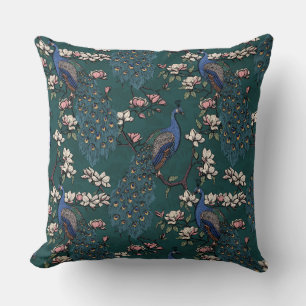 Elegant Blue Peacocks, Magnolia Flowers, Grenar Kudde