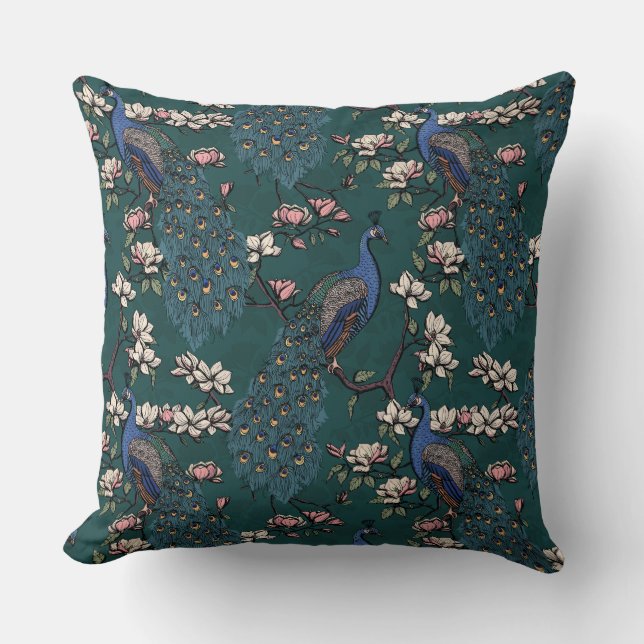 Elegant Blue Peacocks, Magnolia Flowers, Grenar Kudde (Framsida)