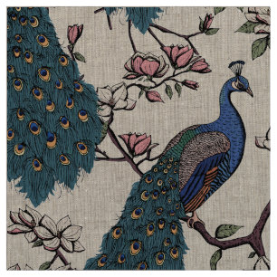 Elegant Blue Peacocks på Magnolia Träd Grenar Tyg