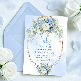 Elegant Blue Peonies Greenery Baby Shower Invite Inbjudningar