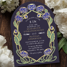 Elegant Blue Peony Art nouveau Blommigt Bröllop Inbjudningar