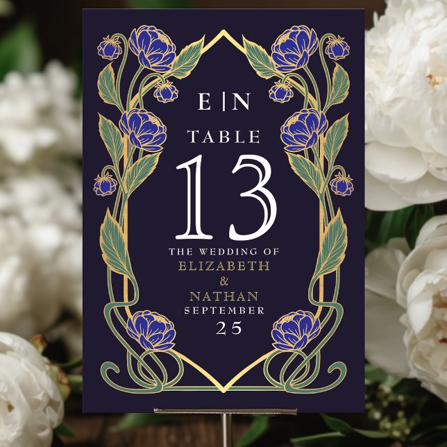Elegant Blue Peony Art Nouveau Floral Wedding Bordsnummer (Skapare uppladdad)