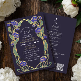 Elegant Blue Peony Art Nouveau QR Code Wedding Inbjudningar