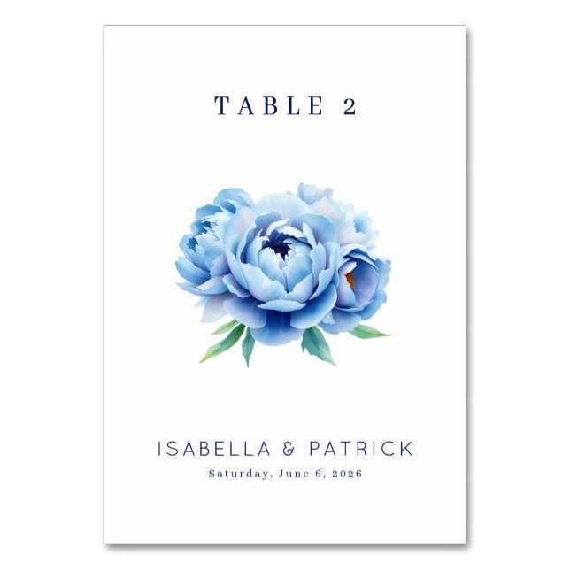 Elegant Blue Peony Table Number Bordsnummer (Framsidan)