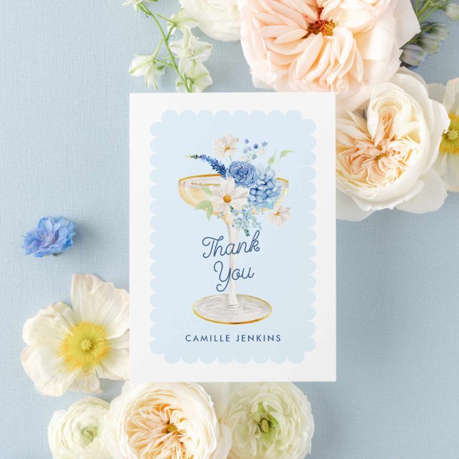 Elegant Blue Petals och Prosecco Möhippa Tack Kort (Blue Petals and Prosecco Bridal Shower Thank you card)
