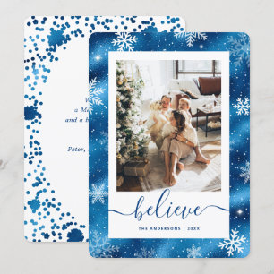 Elegant Blue Photo Snowflake Julkort