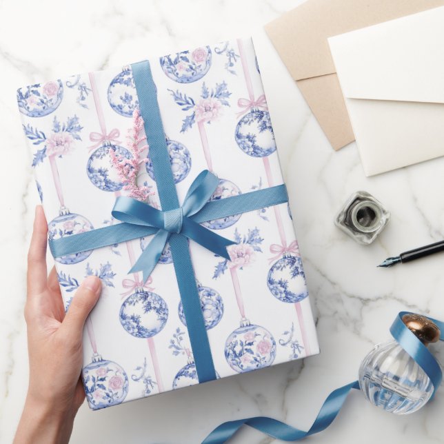 Elegant Blue & Pink Toile Christmas Ornaments Wrap Presentpapper (Gifting)