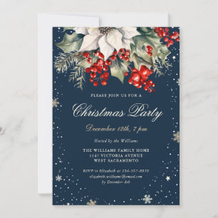 Elegant Blue Poinsettia Berries jul Party Inbjudningar