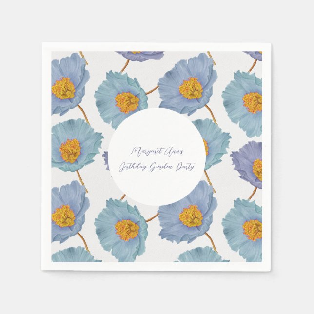 Elegant Blue Poppy Birthday Garden Party Pappersservett (Framsidan)